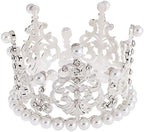 Women Girls Retro Man-made Pearl Crown Bride Tiara Cake Topper Decoration For Baby Shower Wedding Party (Silver)