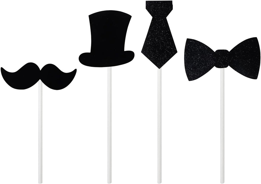 "Honbay 24PCS Black Bowtie Mustache Hat Neckcloth Cupcake Toppers Cake Toppers Cake Dessert Decoration for Birthday Party, Baby Shower, or Other Themed Party - 4 Styles"