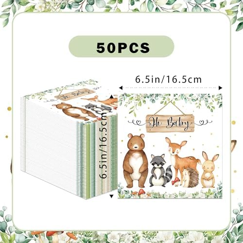 50pcs Woodland Animals Baby Shower Paper Napkins Forest Animals Disposable Napkins Decorative Creature Luncheon Dinner Napkin for Party Supplies Table Decor, 6.5 x 6.5 Inch