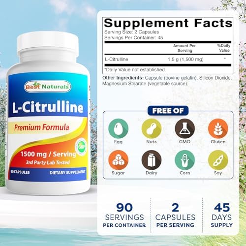 Best Naturals L-Citrulline Capsules - 1500mg/Serving - Non-GMO - Gluten Free - 90 Capsules (90 Count (Pack of 1))