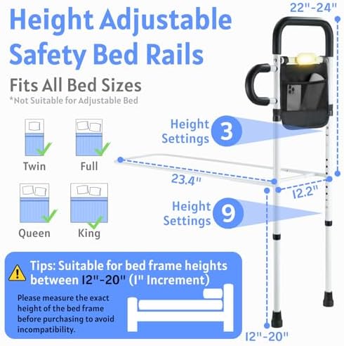 Bed Rails for Elderly Adults Safety - Medical Bedside Assist Rail with Motion Sensor LED Light & Pouch - Adjustable Bed Cane Dual Side Grab Bar Handrails for Seniors Fits Twin Full Queen King