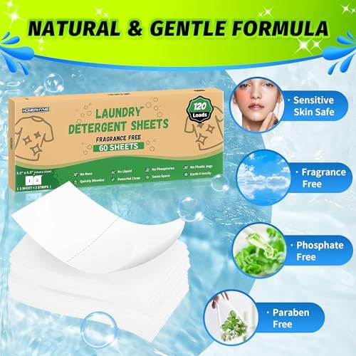 Laundry Detergent Sheets - Up to 120 Loads (60 Sheets),Unscented,Plastic Free,Laundry Detergent Strips for Travel,Dorms, Home,Apartments,Liquidless Technology,Eco Friendly& Hypoallergenic