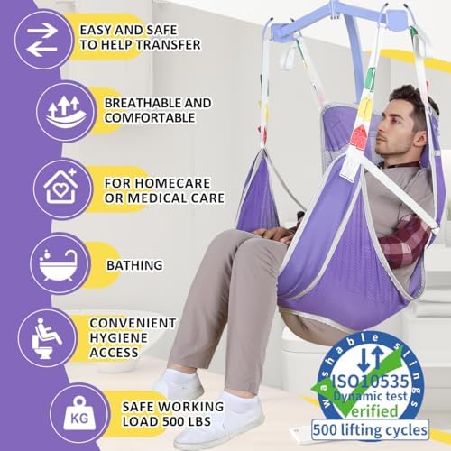 EZ Assistive Universal Full Body Patient Lift Sling with Commode Opening for Elderly & Disabled, Safe Working Load 500 lbs, Large Purple