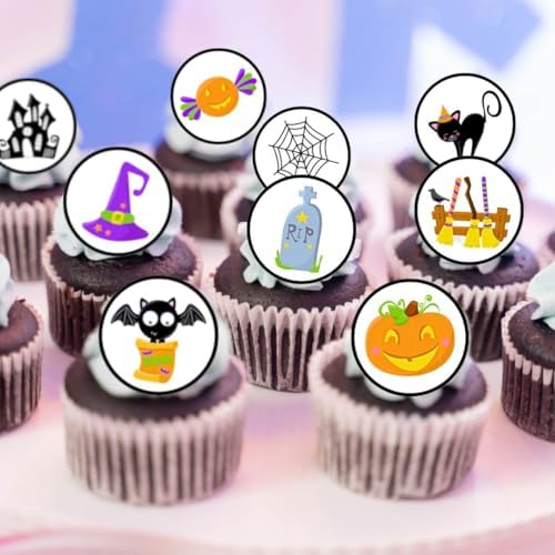 Cute Halloween Edible Cupcake Toppers Halloween Baby Shower Decorations, Wafer Pumpkin Edible Cake Decorations, Spooky Cake Toppers - 24 x 1.5 Inch 4cm Uncut Theme 5