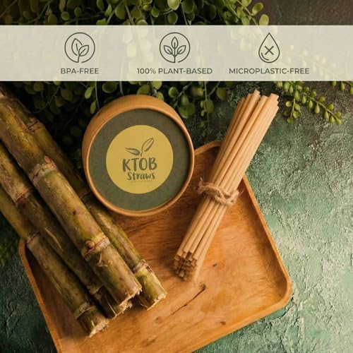 KTOB 200 Count Compostable Sugarcane Straws - 100% Plant-Based, Disposable Drinking Straws for Hot & Cold Beverages