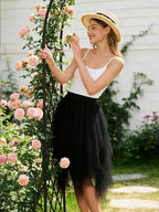 PUKAVT Tulle Skirts for Women High Waist Elastic Midi Skirt A-line Irregular Layered Mesh Tutu Skirts