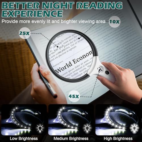 Large Magnifying Glass with Light, 10X 25X 45X Handheld Illuminated Magnifier with 3 Light Modes, 12 LED Lights, Storage Bag, Clean Cloth for Seniors Reading Coins Inspection (Black)