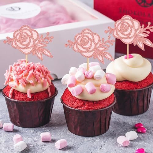 24Pcs Glitter Pink Rose Flower Cupcake Topper Double Layers Roses Flowers Cupcake Picks for Floral Bridal Shower Wedding Anniversary Mother's Day Valentine's Day Floral Birthday Cupcake Decoration