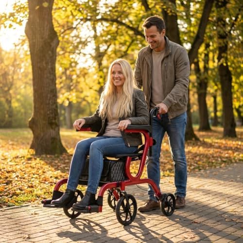 NOVA 2-in-1 Rollator Walker & Transport Chair, Folding Mobility Aid with 10” Front Wheels, Removable Footrests, Lightweight Rolling Walker for Seniors, Walker Wheelchair Combo, Red