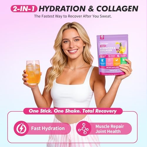 Electrolyte Collagen Powder Packets, 10g Collagen Protein Drink Mix for Hydration Recovery, Zero Sugar 2-in-1 Post Workout Rehydration, Joint Skin Muscle Support, 5 Vitamins, Tropical Fruit