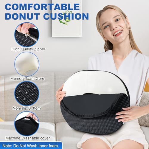 Donut Cushion Memory Foam Hemorrhoids Cushion for Postpartum & Coccyx & Tailbone Pain Pressure Relief for Office Chair, Wheelchair, Office, Car Seat (Black)