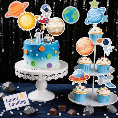 40Pcs Space Cupcake Toppers, Solar System Galaxy Universe Planets Cupcake Picks Outer Space Cake Topper Picks for Kids Birthday Baby Shower Party Cupcakes Toppers Decorations