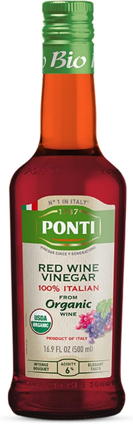 Ponti 100% Italian Red Wine Vinegar for Cooking - Organic Red Wine Vinegar with Balanced Acidity & Harmonious Bouquets – Ideal for Salads, Seafood and Dark Meats – USDA Certified, 16.9 fl oz