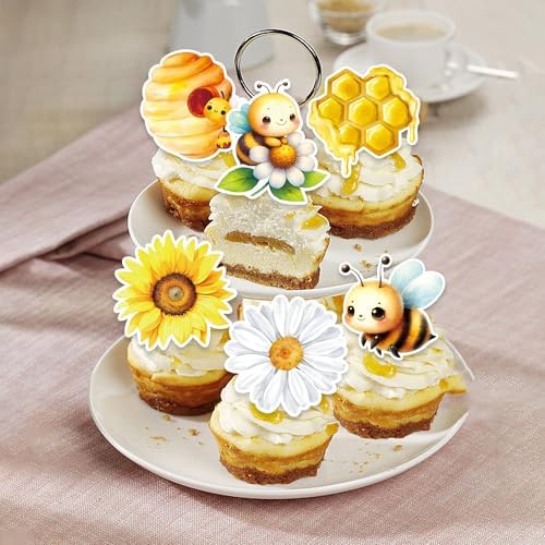 48 PCS Edible Bumble Bee Cupcake Toppers Wafer Paper Oh Babee Cake Decorations for Bee Theme Baby Shower Kids Boys Girls Birthday Cake Party Decoration