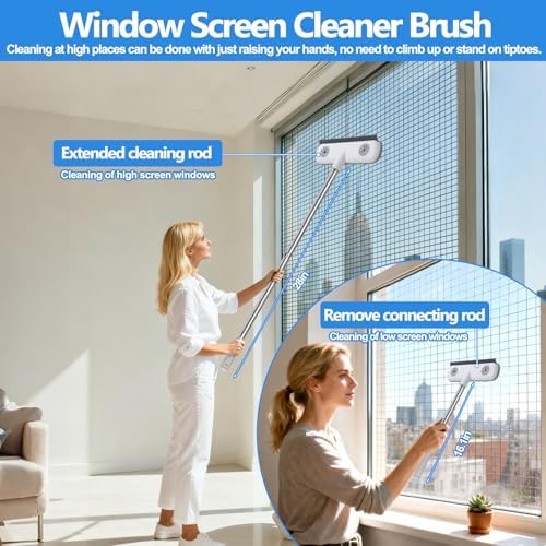 XANGNIER Window Screen Cleaner & Track Cleaning Kit-Mesh Screen Cleaner Brush with Extension Pole,Window Sill and Track Cleaner Tool Washing Equipment,28″Detachable Long-Reach Handle,Wet&Dry Dual-Use