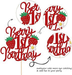 1 PCS Berry 1st Birthday Cake Topper with Flower Glitter Sweet Fruit Theme First Birthday Strawberry One Cake Pick for Strawberry Theme Baby Shower Kids 1st Birthday Party Cake Decorations Supplies
