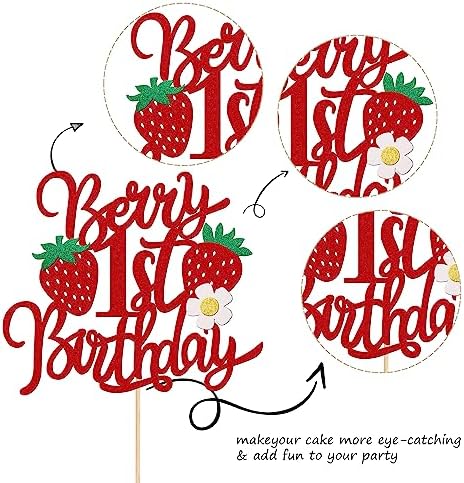 1 PCS Berry 1st Birthday Cake Topper with Flower Glitter Sweet Fruit Theme First Birthday Strawberry One Cake Pick for Strawberry Theme Baby Shower Kids 1st Birthday Party Cake Decorations Supplies