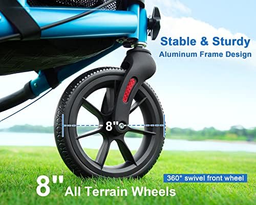 WALK MATE 3 Wheel Rollator Walker with Seat for Slim Seniors, Padded Backrest Lightweight Foldable Travel Walker Ideal for Elderly, 8 Inch Tri-Wheel Modern Mobility Walking Aid Aluminum, Blue