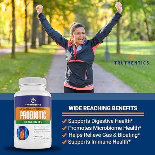 TRUTHENTICS Probiotic 40 Billion CFU with Prebiotics - Bifidobacterium Lactobacillus Acidophilus Paracasei Probiotics for Men & Women - Shelf Stable - 60 Vegan Capsules