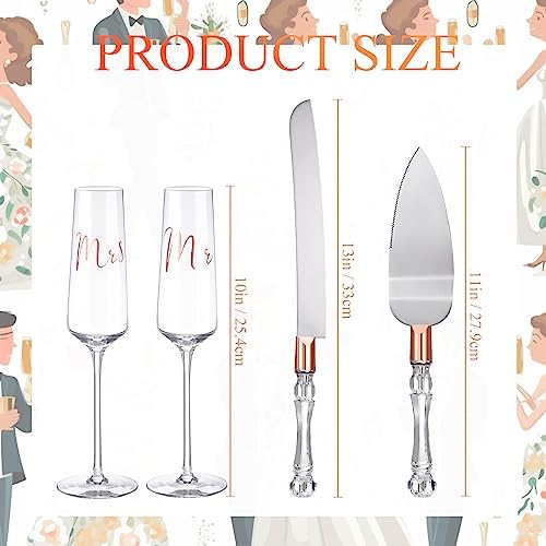 Boao 4 Pieces Wedding Toasting Flutes and Cake Server Set Wedding Reception Supplies Champagne Glasses Cake Knife Pie Server (Rose Gold,Classic)