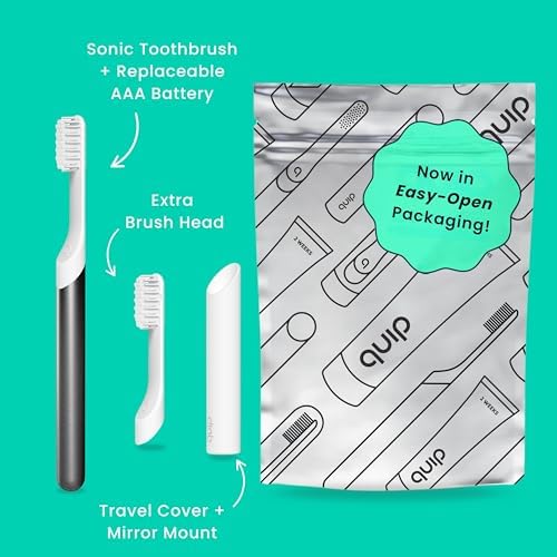 Quip Metal Sonic Electric Toothbrush for Adults - Time Travel & Soft Bristles with Travel Case & Replacement Brush Head - 3 Month Battery Life, Slate