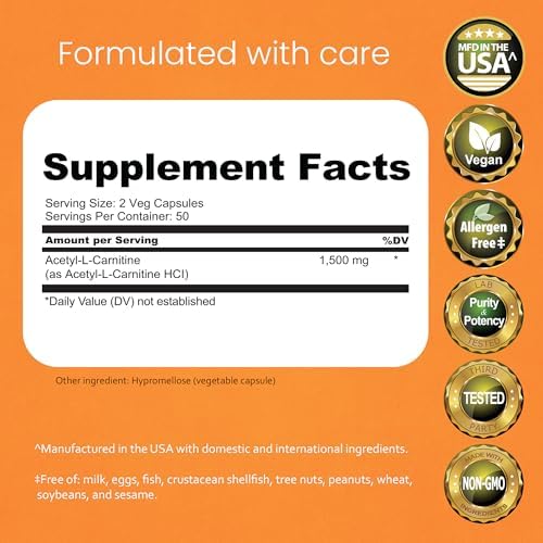 NaturaLife Labs Acetyl L-Carnitine (ALCAR) 1500 mg per Serving – 100 Capsules – Non-GMO, Gluten-Free, Vegan