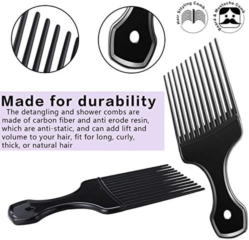 Patelai 3 Pieces Hair Pick Comb Wide-tooth Afro Comb for Men Detangling Styling Set, Carbon Fiber Pick Barber Brush Tool for Beard, Long, Thick, Curly Afro Hair