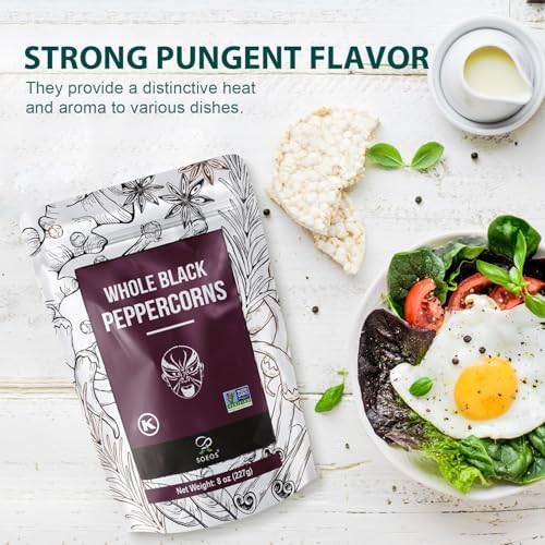 Soeos Black Peppercorns, 16oz(1LB), Non-GMO, Kosher, Packed to Keep Peppers Fresh, Whole Black Peppercorns for Cooking and Seasoning, 8oz (227g), Pack of 2