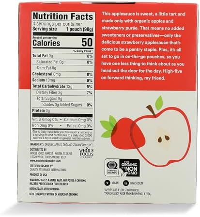 365 by Whole Foods Market, Organic Strawberry Applesauce Pouches, Unsweetened, 3.2 Ounce (Pack of 4)