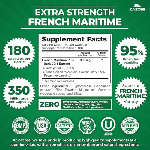 Zazzee Extra Strength French Maritime Pine Bark Extract 20:1, 350 mg Per Capsule, 95% Proanthocyanidins, 180 Vegan Capsules, 6 Month Supply, Certified Kosher, Antioxidant Support, Non-GMO, Made in USA