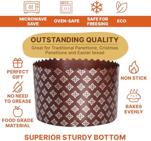 15 oz Panettone Paper Mold | 12 Pack | Easter Bread Forms Paska Mold Kulich Round Non Stick Panettone Paper Baking Molds Universal Brown Silver Design