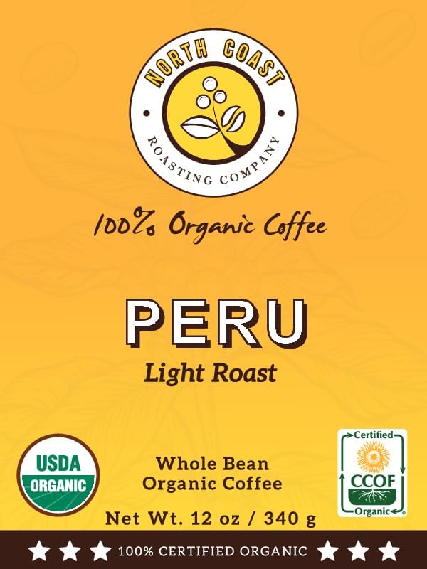 North Coast Roasting Company, Light Roast, Organic Coffee, Whole Bean, Single Origin - Peru, USDA Certified, Organic Coffee Beans, 12 Ounce Bag