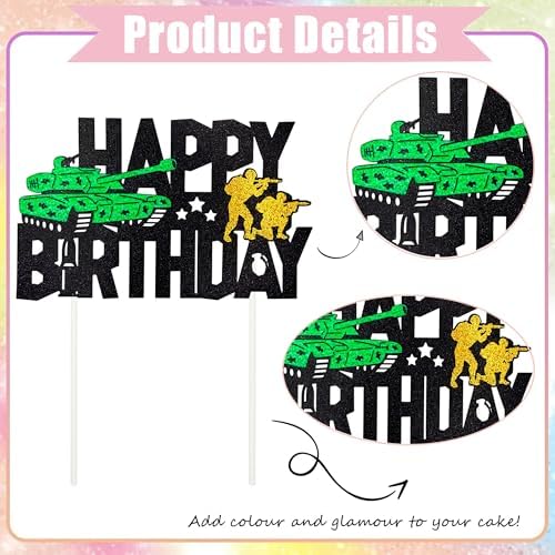 Tank Happy Birthday Cake Topper - Glitter Tank Soldier Cake Decoration for Army Soldier Military Theme Party, Birthday Party Cake Decor Supplies