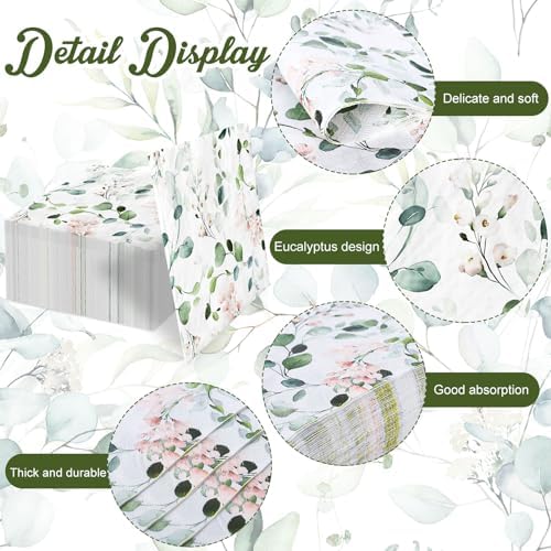 Whaline 80Pcs Eucalyptus Floral Paper Napkins Watercolor Greenery Leaves Flower Disposable Napkin Spring Sage Green Pink Luncheon Dinner Napkin for Wedding Birthday Baby Shower Bridal Party Supplies