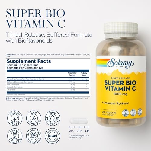 SOLARAY Super Bio Vitamin C 1000mg, Buffered, Two-Stage Timed Release with Bioflavonoids, Immune Support Supplement, High Absorption, Vegan, 60-Day Guarantee – 250 VegCaps
