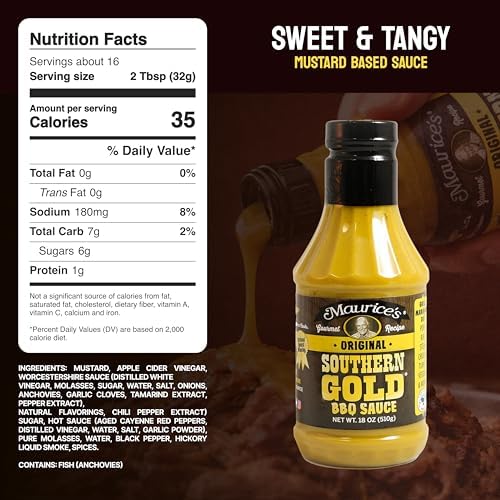 Maurice’s Southern Gold BBQ Sauce – Classic Carolina Mustard BBQ Sauce with Bold Flavor – Authentic Southern Carolina Barbeque Dressing – Rich Barbecue Sauces Tradition, Original 18oz (Pack of 2)