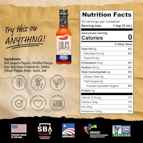 Lola's Fine Hot Sauce Ghost Pepper, All-Natural Bhut Jolokia Chili with Red Jalapeños, & Garlic, Vegan & Keto, Family Recipe Ghost Pepper Hot Sauce for Eggs, Brats, Nachos & More, 5 oz, 4-Pack