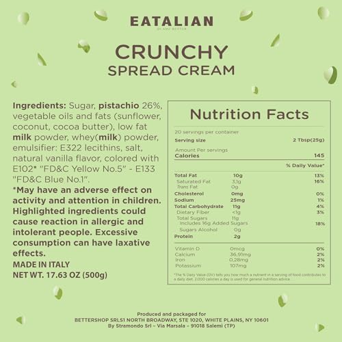 EATALIAN by AMZ BETTER Spreadable Crunchy Pistachio Cream 17.63 oz/500 gr, Pistachio Cream with Grains, Protein Paste, Sweet Taste, Ideal on Bread and Excellent for Dubai Chocolate, Made in Italy