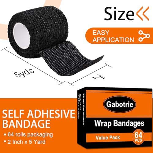 64 Pcs Self Adhesive Bandage Wrap, Black Athletic Tape, 2 Inch x 5 Yard Elastic Self-Adherent Tape, Breathable Sports Wrap, Stretch Cohesive Bandage Wraps for Wrist Ankle Pet