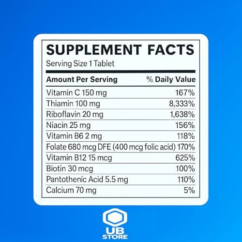 Vitamin B Complex – Super B Complex Vitamins, B12, VIT B Complex with Thiamine, Biotin, Folate, Pantothenic Acid – Energy and Metabolism Support, 500 Count + UB Store Sticker (Pack of 1)