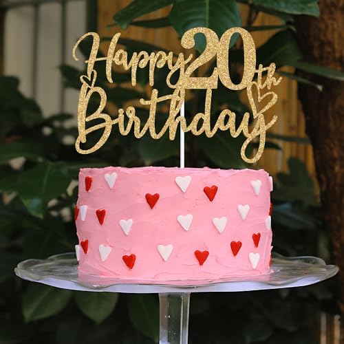 Gold Glitter Happy 20th Birthday Cake Topper, Cheers to 20 Years/Level 20 Unlocked, Funny 20th Birthday Party Decorations Supplies
