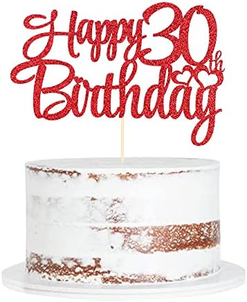 Red 30th birthday cake topper ， happy 30th birthday cake topper， 30th birthday party cake decorations (length 7.5in * wide6.5 in)