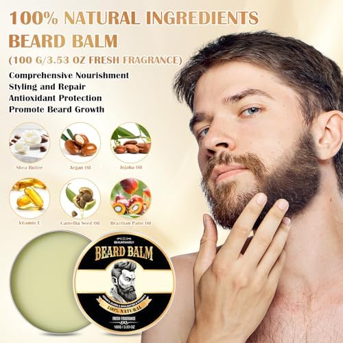Beard Balm for Men, 100% Natural with Shea Butter, Argan Oil, Jojoba Oil, Vitamin E - 3.53OZ Conditioner Softener Moisturizer