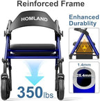 HOMLAND Walkers for Seniors with Seat, Foldable Rollator Walker, Reinforced Aluminum Frame, 8" Big Rubber Wheels for All Terrain, Height Adjustable Lightweight Rolling Walker, Dark Blue