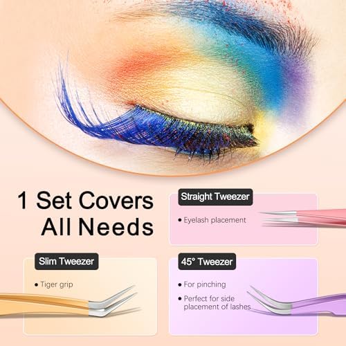 MORGLES High Precision Lash Tweezers Set for Eyelash Extensions, 5 in 1 Eyelash Extension Tweezers for Girls, Women, Professional Lash Extension Artists & Beginners