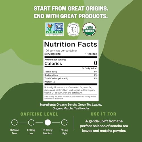 FGO Organic Japanese Matcha + Green Tea, 100 Count, Eco-Conscious Tea Bags, Resealable Bag, Packaging May Vary (Pack of 1)