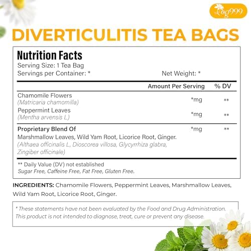 TOG999, Diverticulitis Tea Bags | 80 Count | 100% Natural Chamomile, Peppermint, Marshmallow Leaf, Wild Yam Root, Licorice & Ginger Herbal Blend – Caffeine-Free Comfort Tea, Vegan.