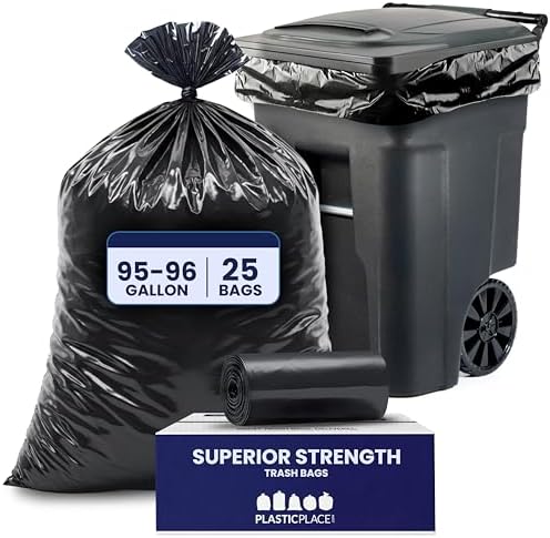 Plasticplace 95-96 Gallon Garbage Can Liners Heavy Duty 1.5 Mil Black Trash Bags Tear-Resistant Outdoor Garbage Bags for Rollaway Bins Large 61" x 68" Industrial-Strength Waste Bags (25 Count)