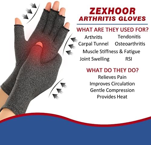 Zexhoor 2 Pairs Arthritis Compression Gloves for Women Men, Carpal Tunnel Pain Relief, Fingerless for Typing Both Hands