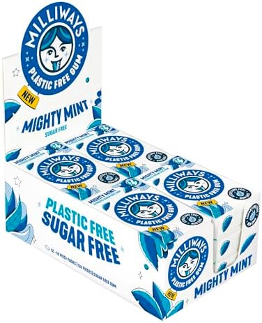 Milliways Mighty Mint | Plastic Free Gum | Xylitol, Aspartame-Free, Sugar-Free, Plant-Based, Natural Chewing Gum | 40 Pieces Total (4 Packs of 10 Pieces)